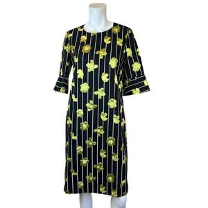 Stogova Black White Yellow Floral Sheath Dress 3/4 Sleeves sz 44 =L/XL